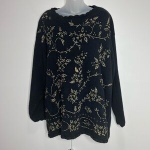 Vintage Victoria Jones Women 3X Black Sweater Gold Floral Embroidery festive